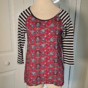 Anthropoogie(puella)Red Paisley Long Sleeve Top with Striped Sleeves. Size Small